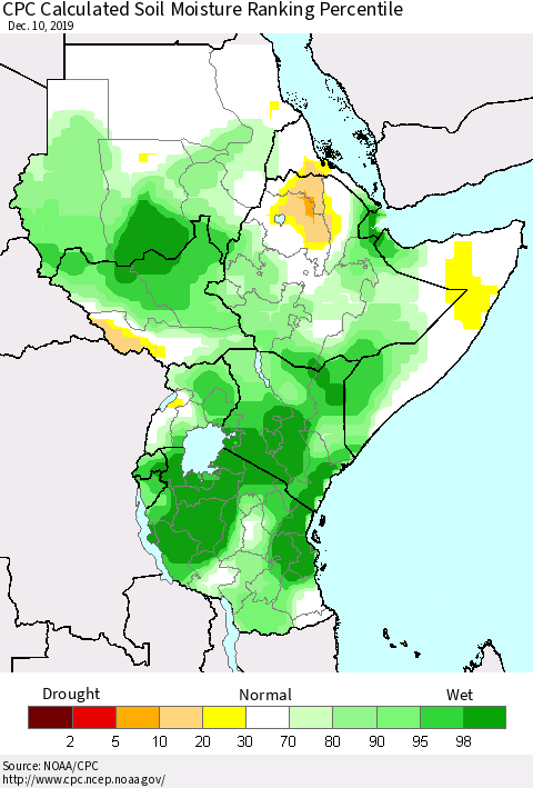 Eastern Africa CPC Calculated Soil Moisture Ranking Percentile Thematic Map For 12/6/2019 - 12/10/2019