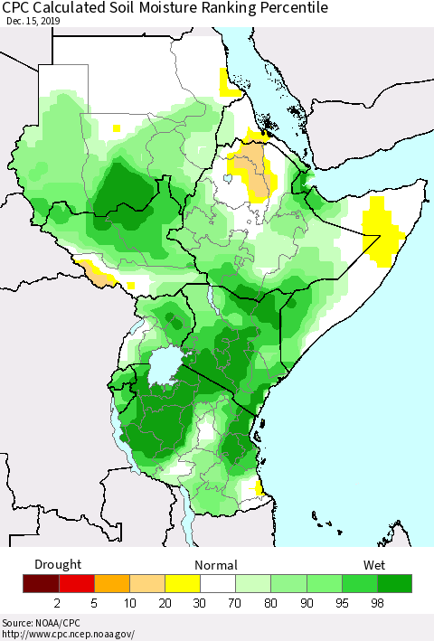 Eastern Africa CPC Soil Moisture Ranking Percentile (Leaky Bucket) Thematic Map For 12/11/2019 - 12/15/2019