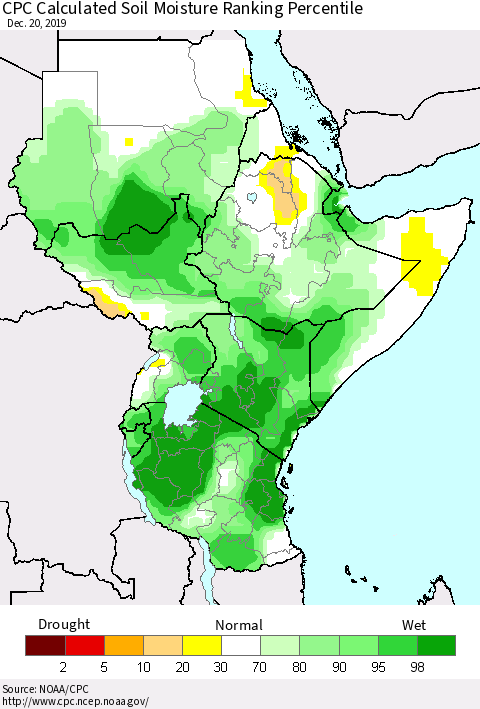 Eastern Africa CPC Calculated Soil Moisture Ranking Percentile Thematic Map For 12/16/2019 - 12/20/2019