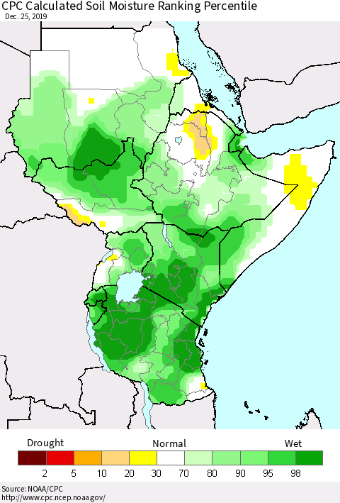 Eastern Africa CPC Soil Moisture Ranking Percentile (Leaky Bucket) Thematic Map For 12/21/2019 - 12/25/2019