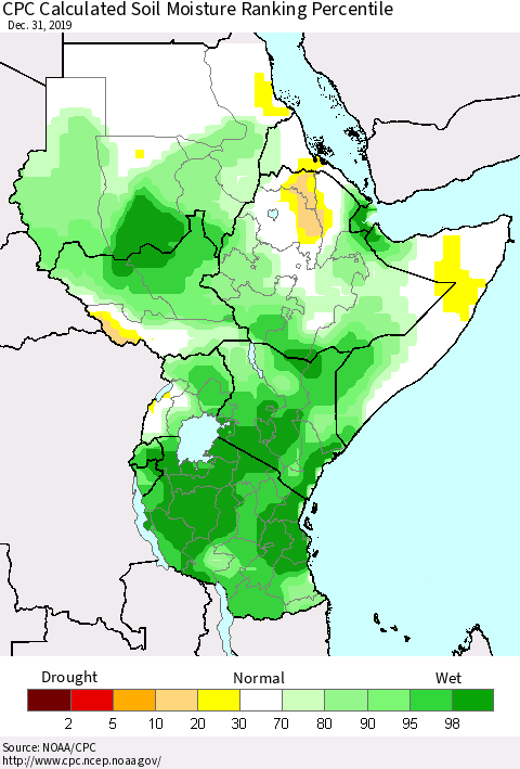 Eastern Africa CPC Calculated Soil Moisture Ranking Percentile Thematic Map For 12/26/2019 - 12/31/2019