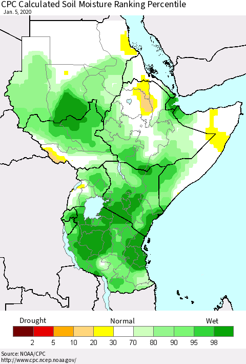 Eastern Africa CPC Soil Moisture Ranking Percentile (Leaky Bucket) Thematic Map For 1/1/2020 - 1/5/2020