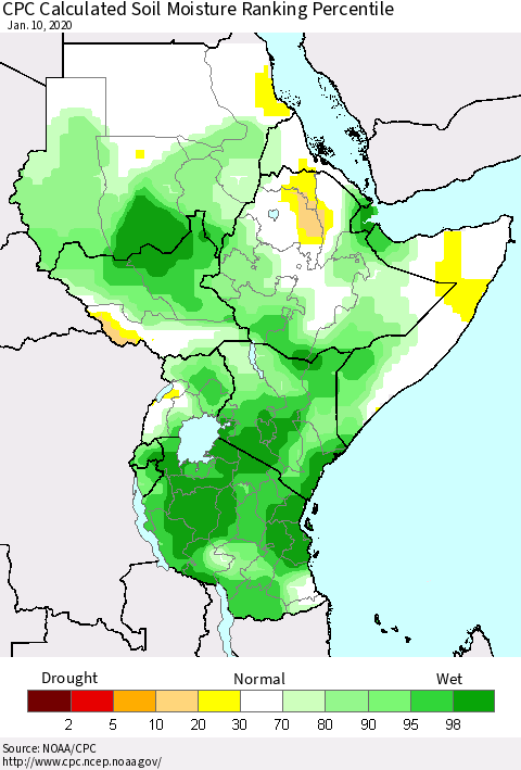 Eastern Africa CPC Calculated Soil Moisture Ranking Percentile Thematic Map For 1/6/2020 - 1/10/2020