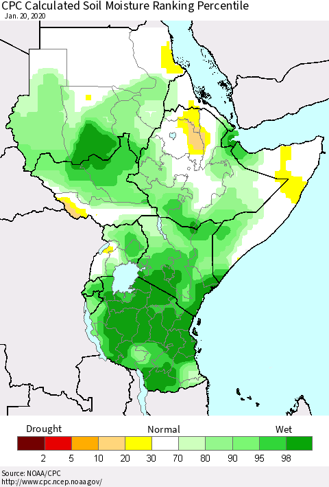 Eastern Africa CPC Soil Moisture Ranking Percentile (Leaky Bucket) Thematic Map For 1/16/2020 - 1/20/2020