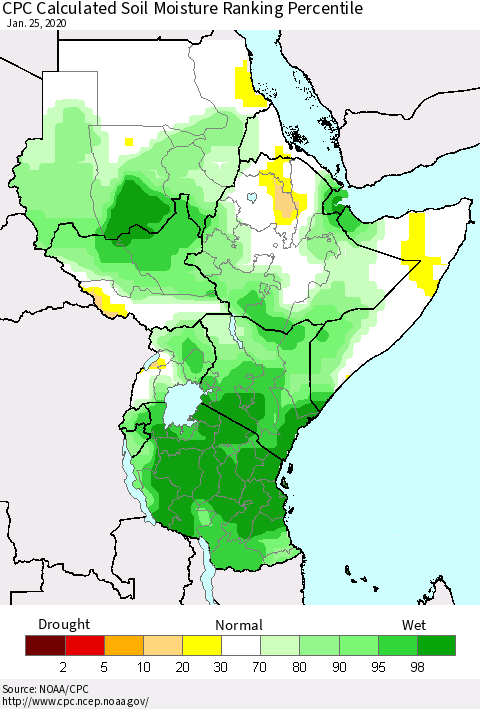 Eastern Africa CPC Calculated Soil Moisture Ranking Percentile Thematic Map For 1/21/2020 - 1/25/2020