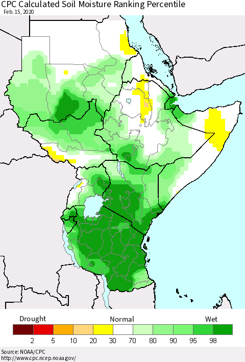 Eastern Africa CPC Calculated Soil Moisture Ranking Percentile Thematic Map For 2/11/2020 - 2/15/2020