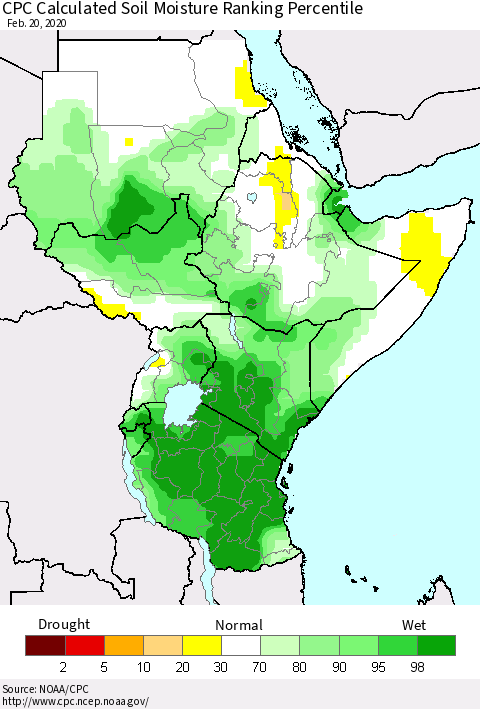 Eastern Africa CPC Soil Moisture Ranking Percentile (Leaky Bucket) Thematic Map For 2/16/2020 - 2/20/2020