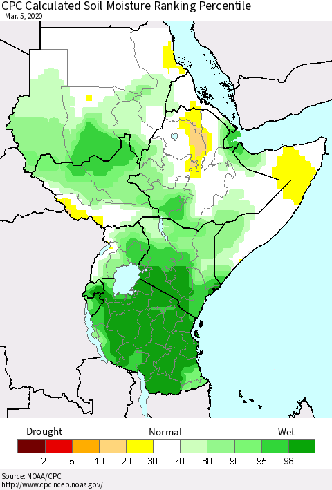 Eastern Africa CPC Calculated Soil Moisture Ranking Percentile Thematic Map For 3/1/2020 - 3/5/2020
