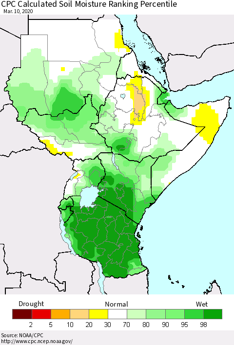 Eastern Africa CPC Calculated Soil Moisture Ranking Percentile Thematic Map For 3/6/2020 - 3/10/2020