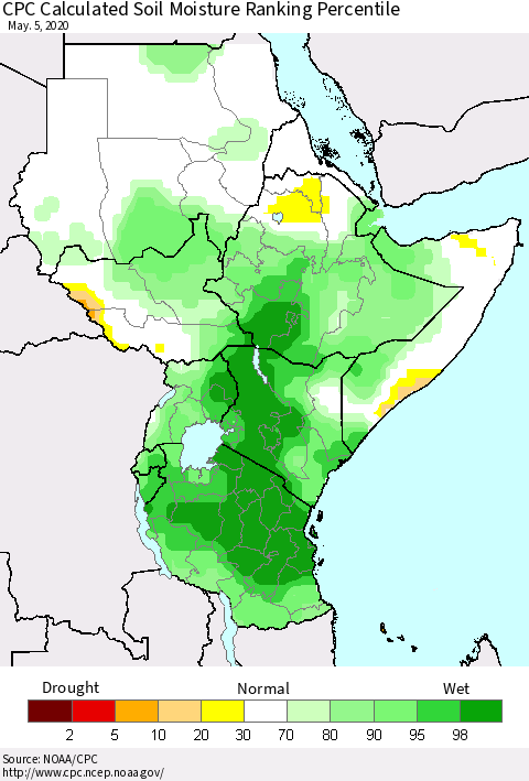 Eastern Africa CPC Calculated Soil Moisture Ranking Percentile Thematic Map For 5/1/2020 - 5/5/2020