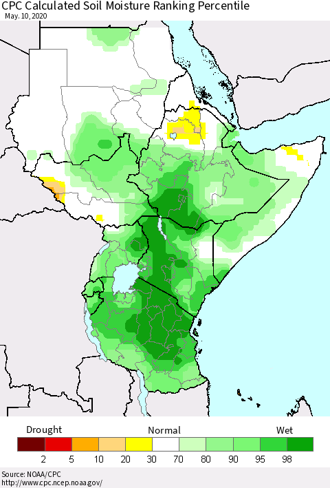 Eastern Africa CPC Calculated Soil Moisture Ranking Percentile Thematic Map For 5/6/2020 - 5/10/2020