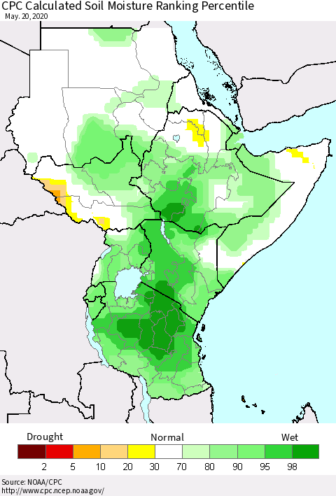 Eastern Africa CPC Calculated Soil Moisture Ranking Percentile Thematic Map For 5/16/2020 - 5/20/2020