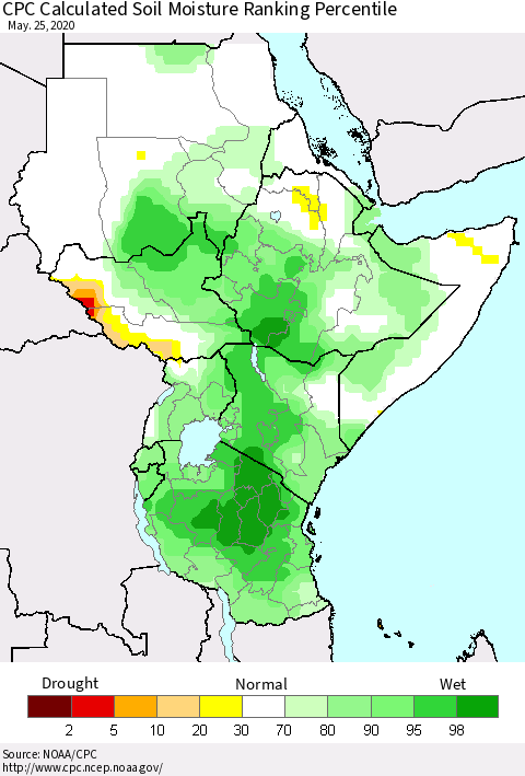 Eastern Africa CPC Calculated Soil Moisture Ranking Percentile Thematic Map For 5/21/2020 - 5/25/2020