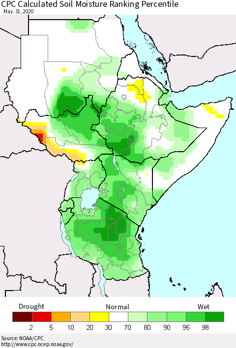 Eastern Africa CPC Soil Moisture Ranking Percentile (Leaky Bucket) Thematic Map For 5/26/2020 - 5/31/2020
