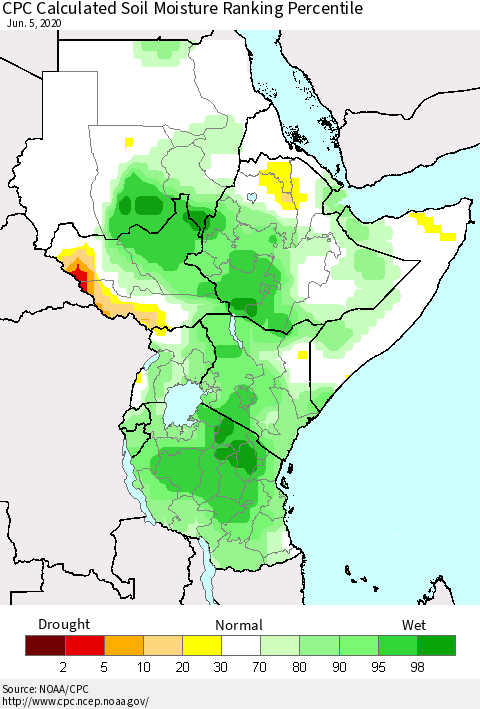 Eastern Africa CPC Calculated Soil Moisture Ranking Percentile Thematic Map For 6/1/2020 - 6/5/2020