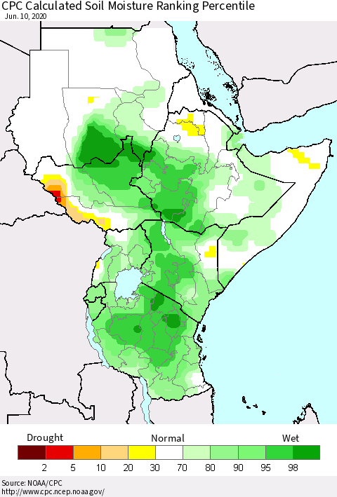 Eastern Africa CPC Calculated Soil Moisture Ranking Percentile Thematic Map For 6/6/2020 - 6/10/2020