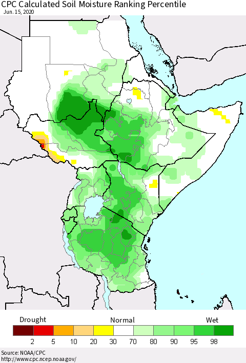 Eastern Africa CPC Calculated Soil Moisture Ranking Percentile Thematic Map For 6/11/2020 - 6/15/2020