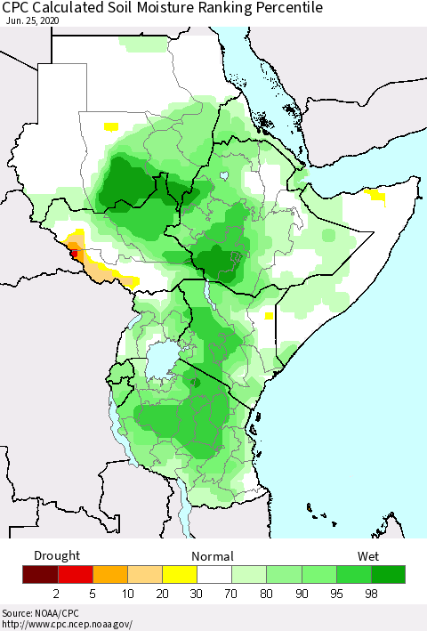 Eastern Africa CPC Soil Moisture Ranking Percentile (Leaky Bucket) Thematic Map For 6/21/2020 - 6/25/2020