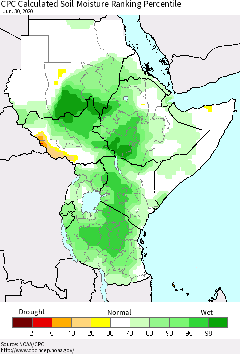 Eastern Africa CPC Calculated Soil Moisture Ranking Percentile Thematic Map For 6/26/2020 - 6/30/2020
