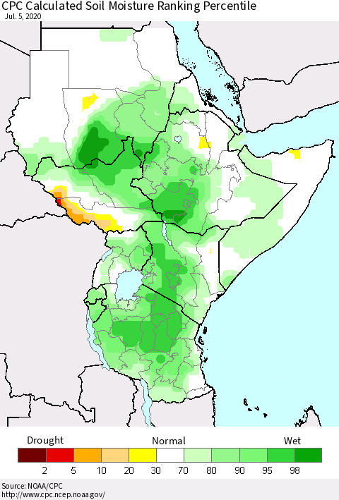 Eastern Africa CPC Calculated Soil Moisture Ranking Percentile Thematic Map For 7/1/2020 - 7/5/2020