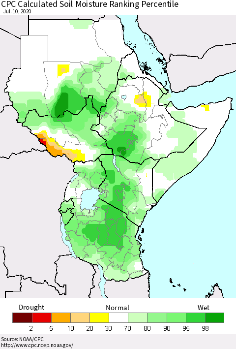 Eastern Africa CPC Calculated Soil Moisture Ranking Percentile Thematic Map For 7/6/2020 - 7/10/2020