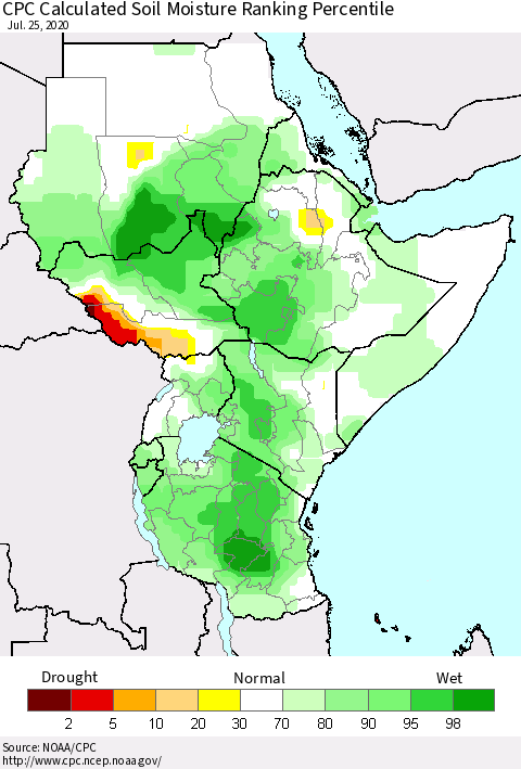 Eastern Africa CPC Soil Moisture Ranking Percentile (Leaky Bucket) Thematic Map For 7/21/2020 - 7/25/2020