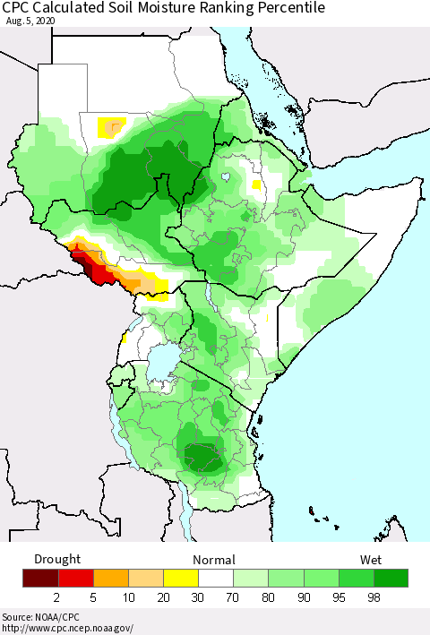 Eastern Africa CPC Soil Moisture Ranking Percentile (Leaky Bucket) Thematic Map For 8/1/2020 - 8/5/2020
