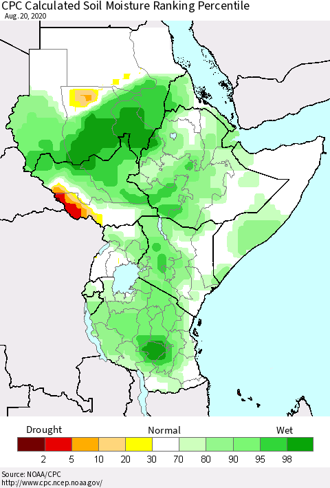 Eastern Africa CPC Calculated Soil Moisture Ranking Percentile Thematic Map For 8/16/2020 - 8/20/2020