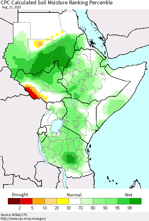 Eastern Africa CPC Calculated Soil Moisture Ranking Percentile Thematic Map For 8/21/2020 - 8/25/2020