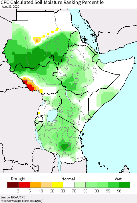 Eastern Africa CPC Calculated Soil Moisture Ranking Percentile Thematic Map For 8/26/2020 - 8/31/2020