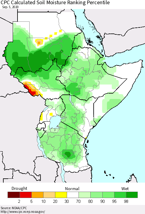 Eastern Africa CPC Soil Moisture Ranking Percentile (Leaky Bucket) Thematic Map For 9/1/2020 - 9/5/2020