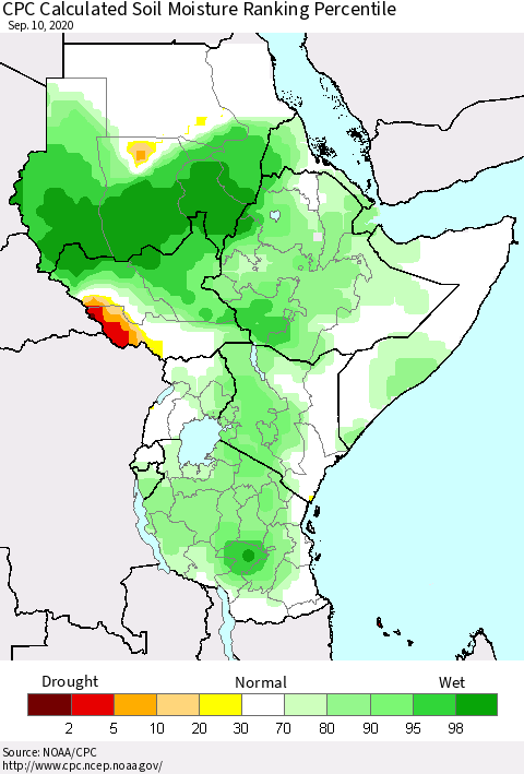 Eastern Africa CPC Calculated Soil Moisture Ranking Percentile Thematic Map For 9/6/2020 - 9/10/2020