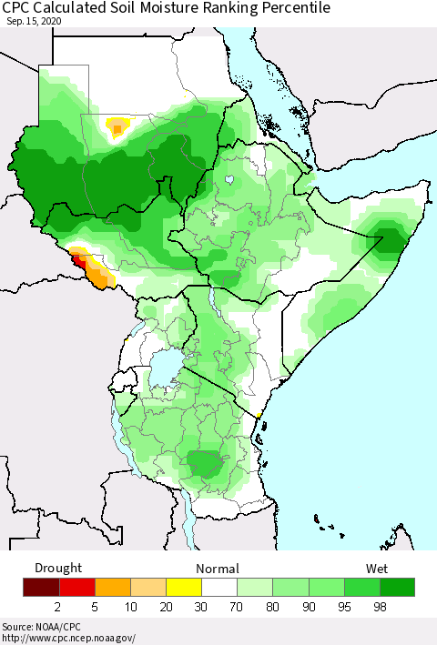 Eastern Africa CPC Calculated Soil Moisture Ranking Percentile Thematic Map For 9/11/2020 - 9/15/2020