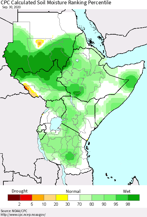 Eastern Africa CPC Soil Moisture Ranking Percentile (Leaky Bucket) Thematic Map For 9/26/2020 - 9/30/2020