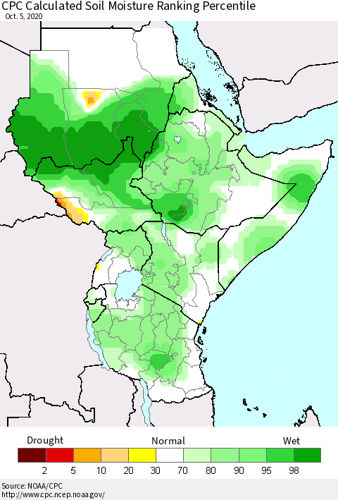 Eastern Africa CPC Calculated Soil Moisture Ranking Percentile Thematic Map For 10/1/2020 - 10/5/2020