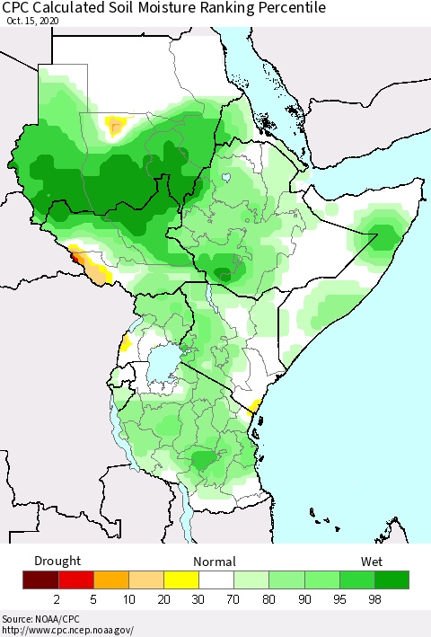 Eastern Africa CPC Soil Moisture Ranking Percentile (Leaky Bucket) Thematic Map For 10/11/2020 - 10/15/2020