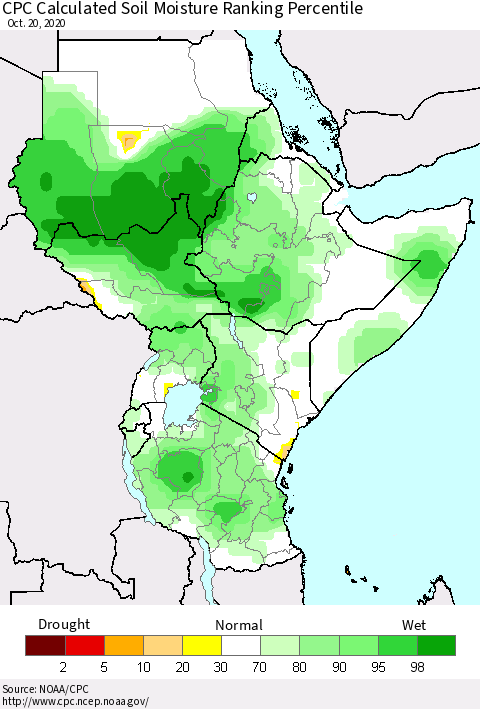 Eastern Africa CPC Calculated Soil Moisture Ranking Percentile Thematic Map For 10/16/2020 - 10/20/2020