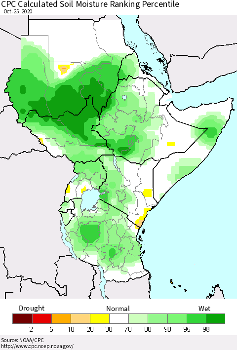 Eastern Africa CPC Calculated Soil Moisture Ranking Percentile Thematic Map For 10/21/2020 - 10/25/2020