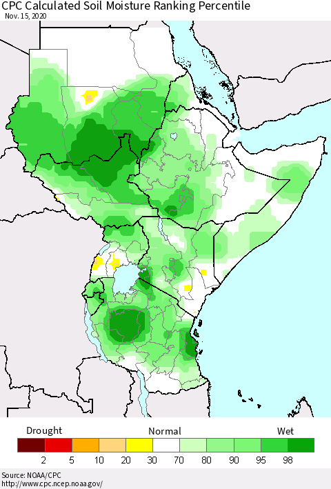 Eastern Africa CPC Soil Moisture Ranking Percentile (Leaky Bucket) Thematic Map For 11/11/2020 - 11/15/2020