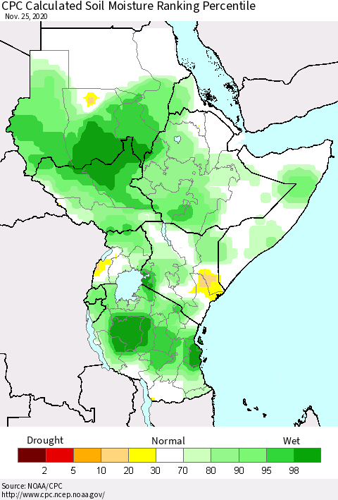 Eastern Africa CPC Calculated Soil Moisture Ranking Percentile Thematic Map For 11/21/2020 - 11/25/2020