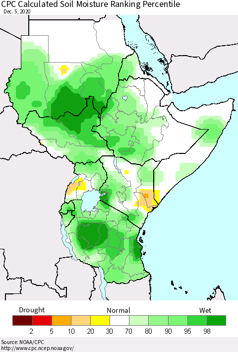 Eastern Africa CPC Calculated Soil Moisture Ranking Percentile Thematic Map For 12/1/2020 - 12/5/2020