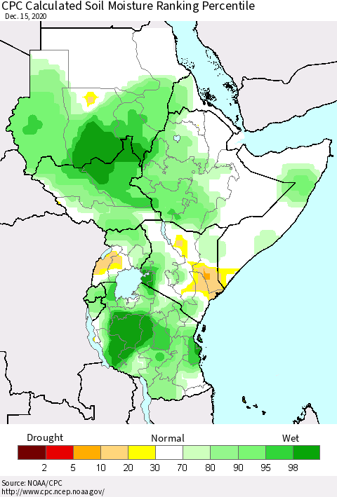 Eastern Africa CPC Calculated Soil Moisture Ranking Percentile Thematic Map For 12/11/2020 - 12/15/2020