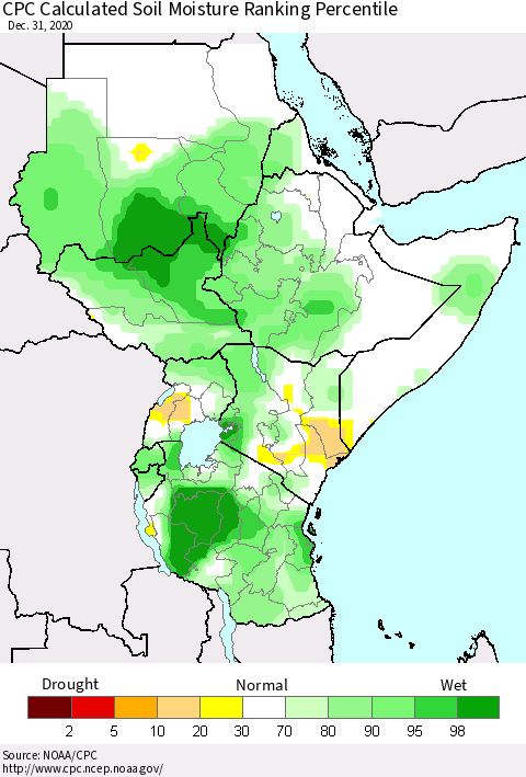 Eastern Africa CPC Soil Moisture Ranking Percentile (Leaky Bucket) Thematic Map For 12/26/2020 - 12/31/2020