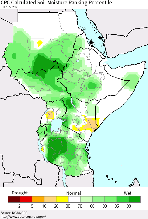 Eastern Africa CPC Soil Moisture Ranking Percentile (Leaky Bucket) Thematic Map For 1/1/2021 - 1/5/2021