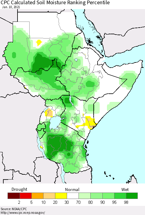 Eastern Africa CPC Soil Moisture Ranking Percentile (Leaky Bucket) Thematic Map For 1/6/2021 - 1/10/2021