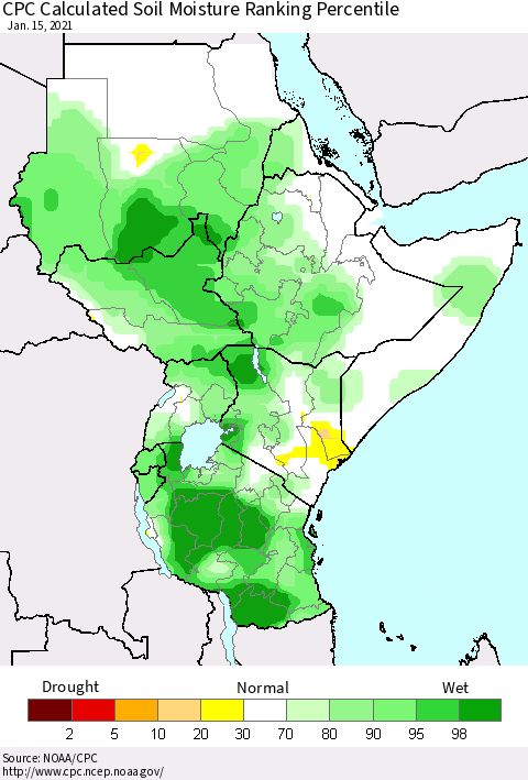 Eastern Africa CPC Soil Moisture Ranking Percentile (Leaky Bucket) Thematic Map For 1/11/2021 - 1/15/2021