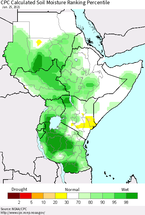 Eastern Africa CPC Soil Moisture Ranking Percentile (Leaky Bucket) Thematic Map For 1/21/2021 - 1/25/2021