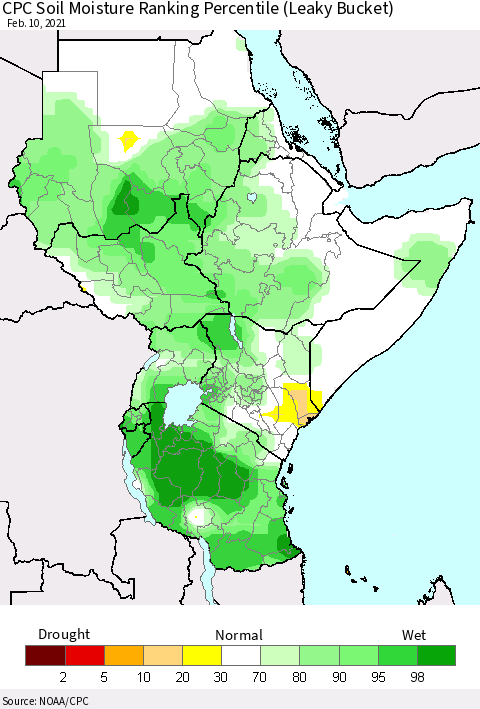 Eastern Africa CPC Soil Moisture Ranking Percentile (Leaky Bucket) Thematic Map For 2/6/2021 - 2/10/2021