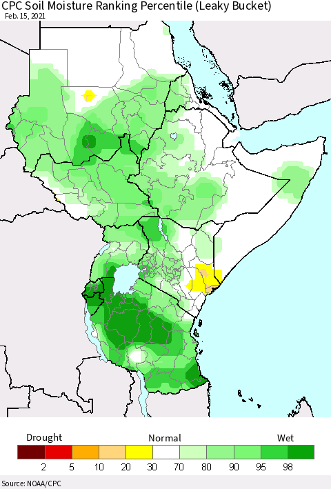 Eastern Africa CPC Soil Moisture Ranking Percentile (Leaky Bucket) Thematic Map For 2/11/2021 - 2/15/2021