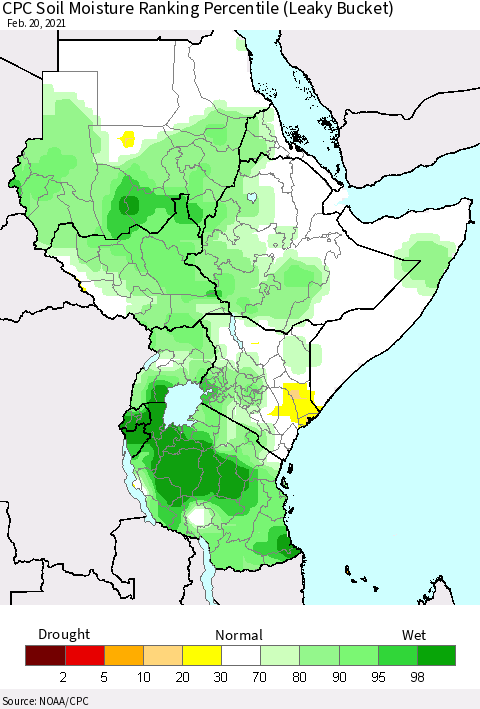 Eastern Africa CPC Soil Moisture Ranking Percentile (Leaky Bucket) Thematic Map For 2/16/2021 - 2/20/2021